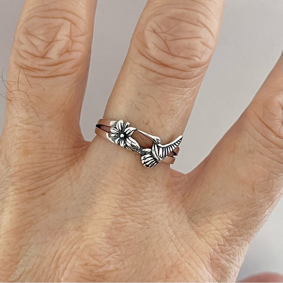 Sterling Silver Flower and Hummingbird Ring, Bird Ring, Silver Rings, Animals - Picture 11 of 14